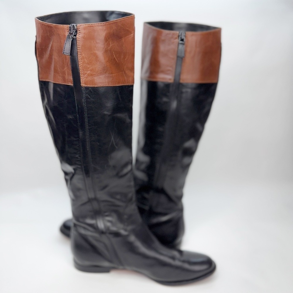Womens Two Tone Black and Brown Leather Tall Riding Boots Side Zip Low Heel - Picture 5 of 12